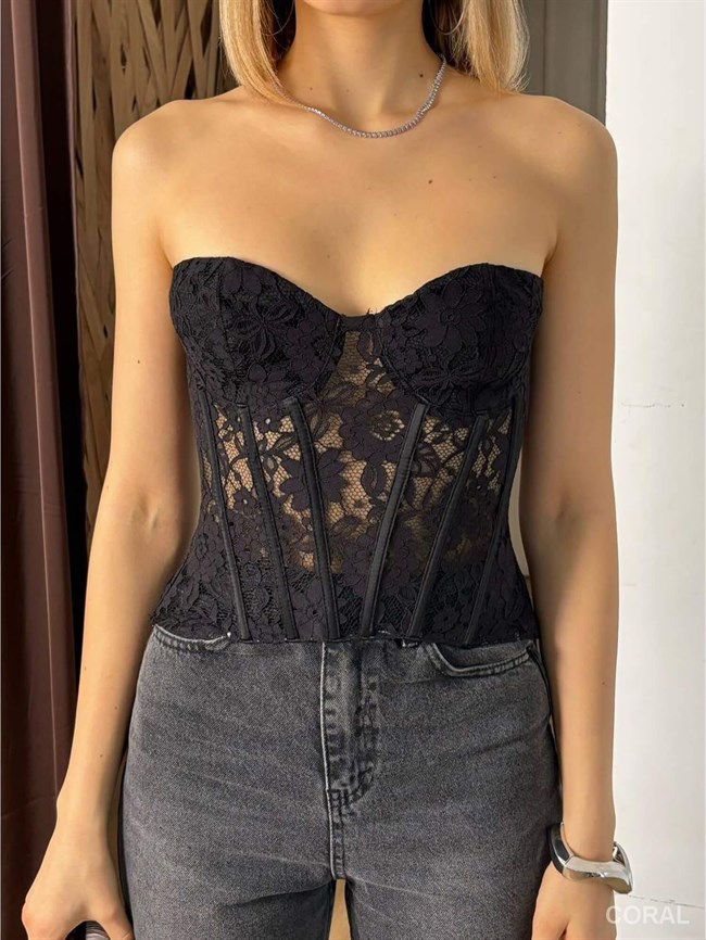 20276 Tül Dantelli Straplez Büstiyer Siyah
