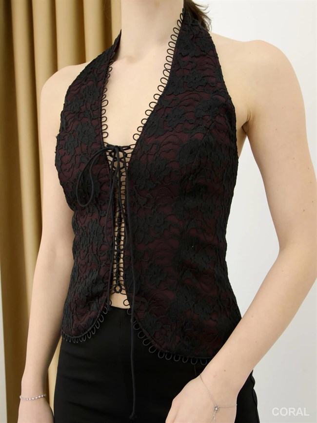 20290 Boyun Askılı Dantelli Bluz Bordo