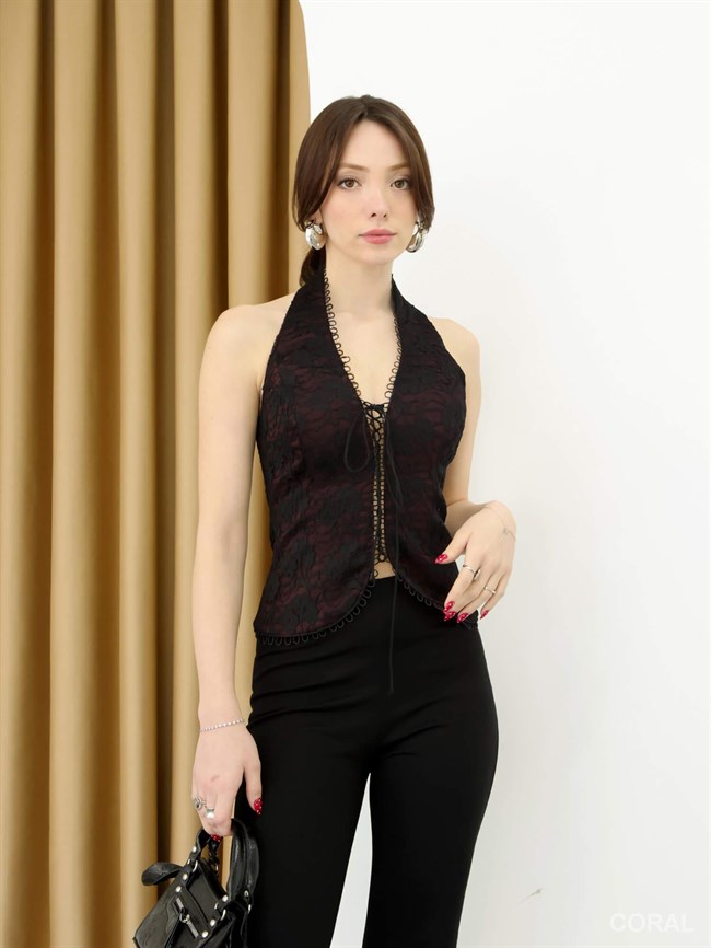 20290 Boyun Askılı Dantelli Bluz Bordo