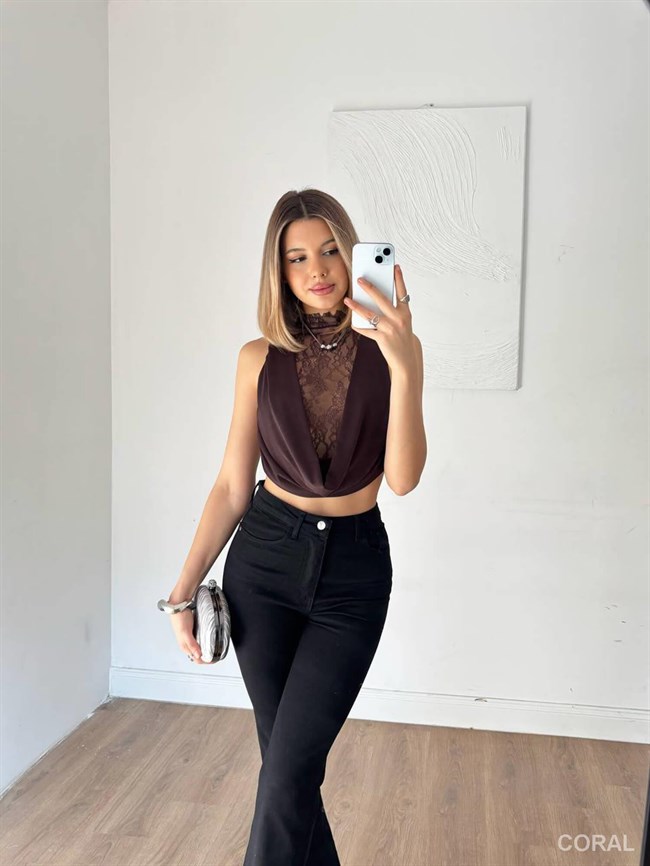 20295 Önü Dökümlü Tül Bluz Kahve