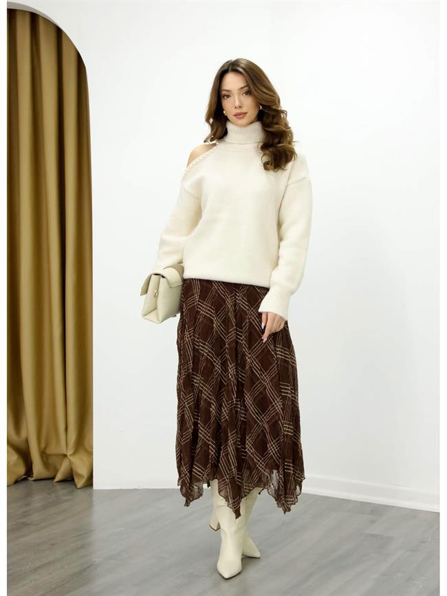 2210 Ekose Desenli Etek Kahve