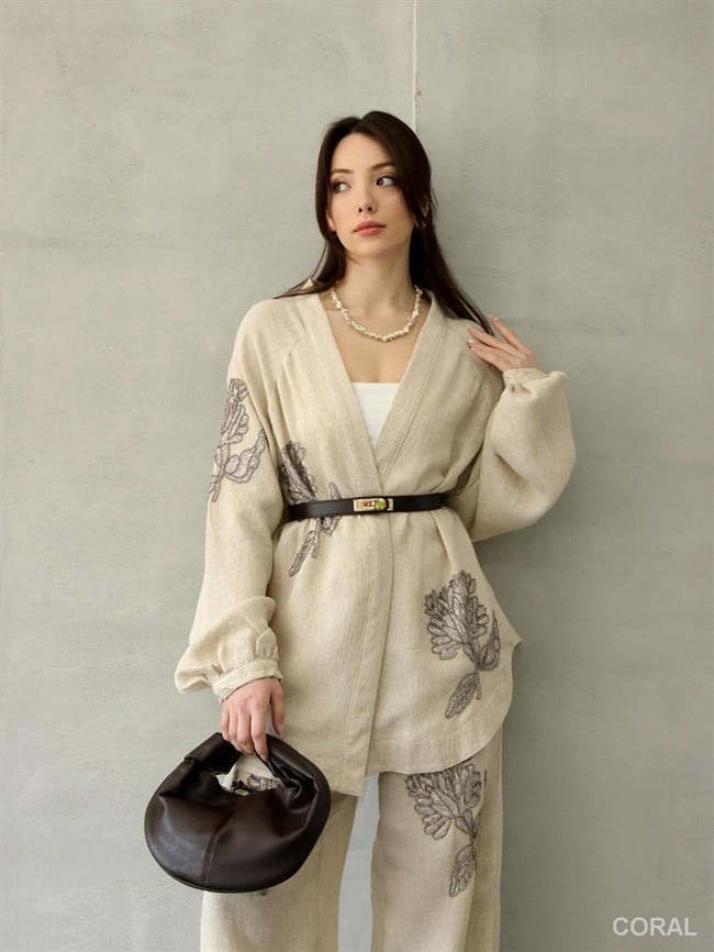 34601 Boncuklu Büyük Çiçek İşlemeli Kimono Naturel