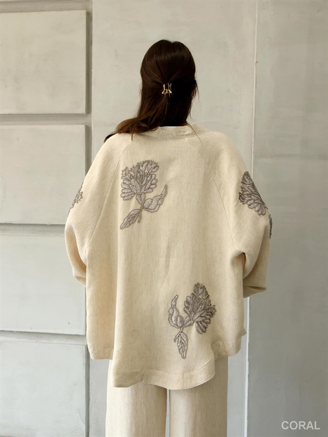 34601 Boncuklu Büyük Çiçek İşlemeli Kimono Naturel