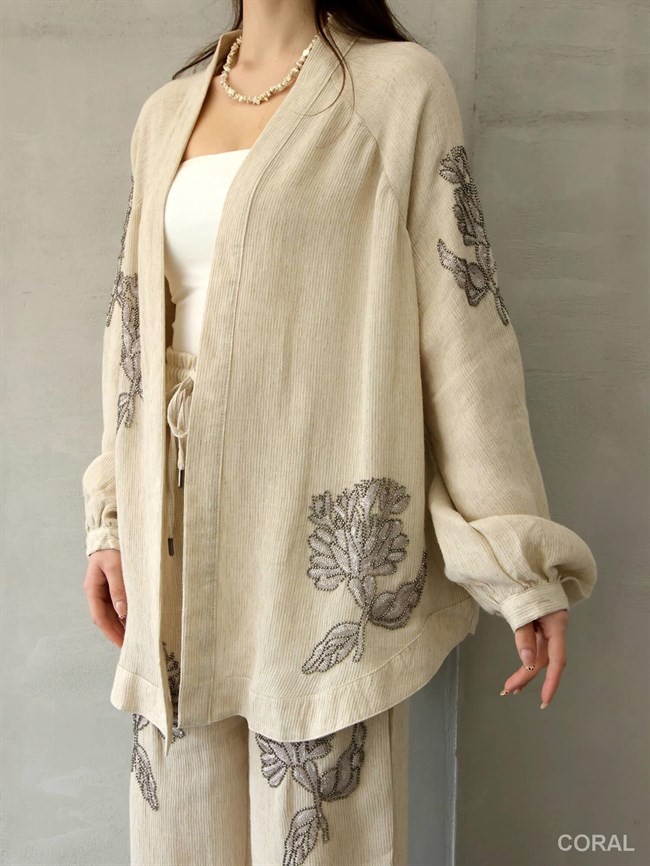 34601 Boncuklu Büyük Çiçek İşlemeli Kimono Naturel