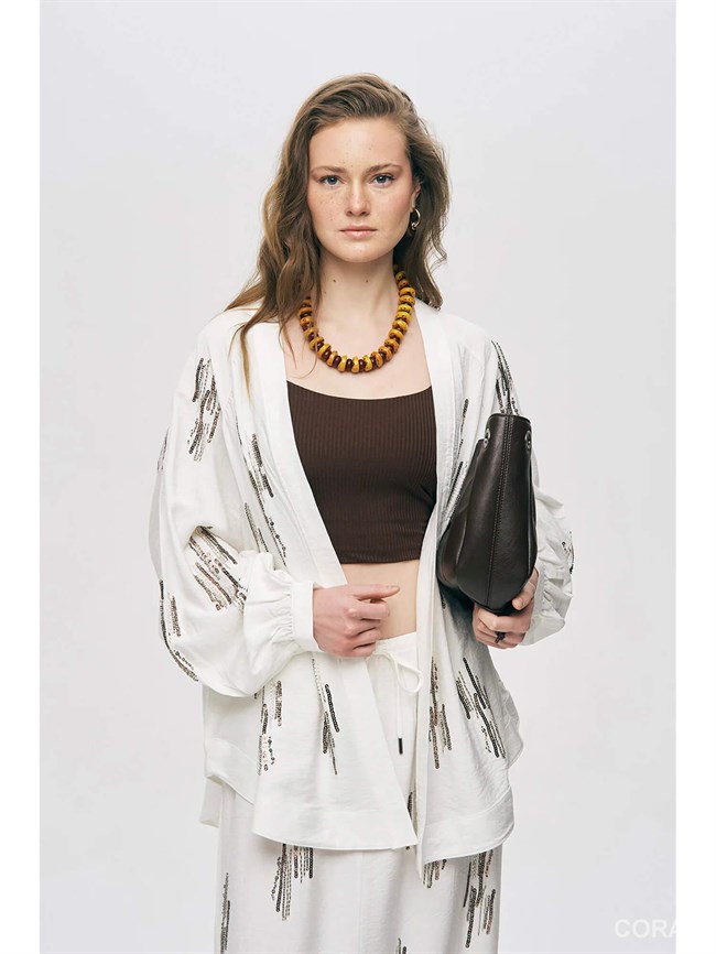 34772 Pul İşlemeli Kimono Ekru
