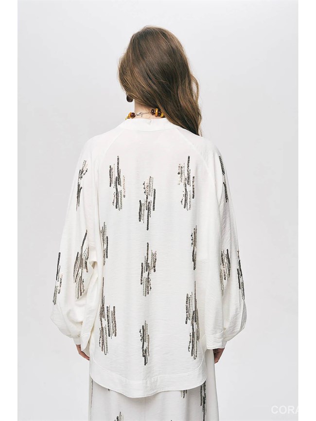 34772 Pul İşlemeli Kimono Ekru