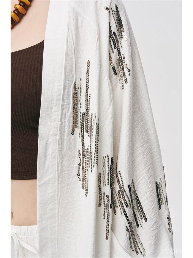 34772 Pul İşlemeli Kimono Ekru