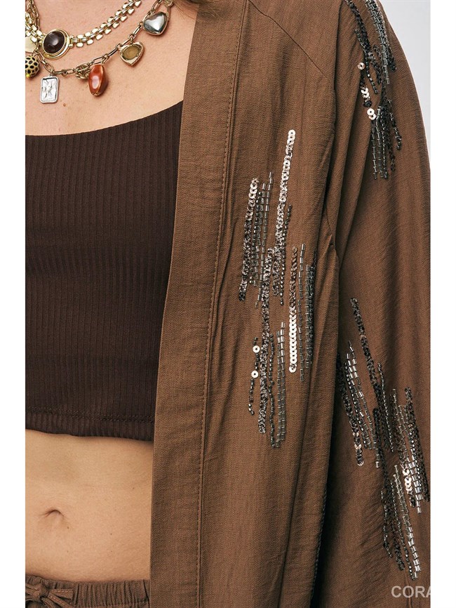 34772 Pul İşlemeli Kimono Kahve