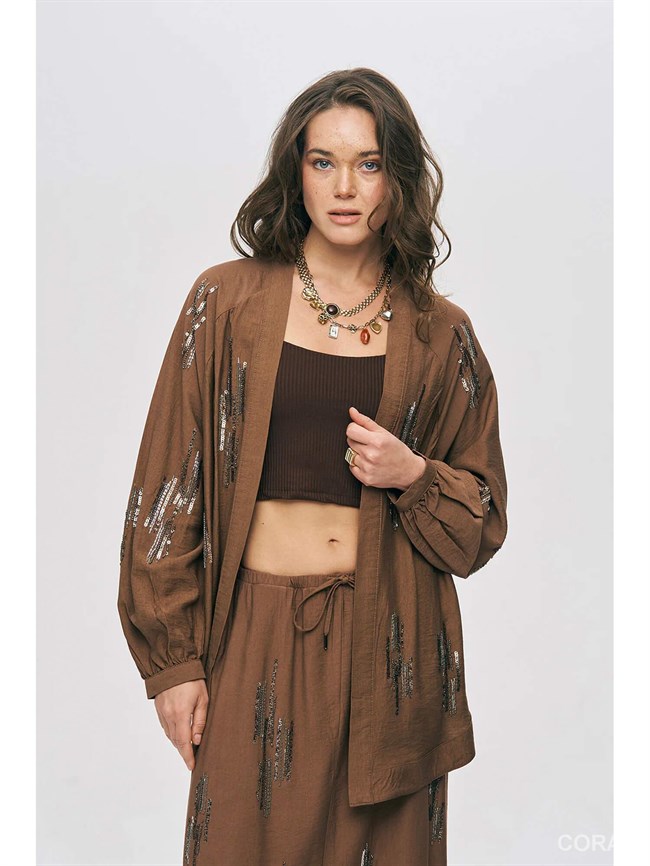 34772 Pul İşlemeli Kimono Kahve