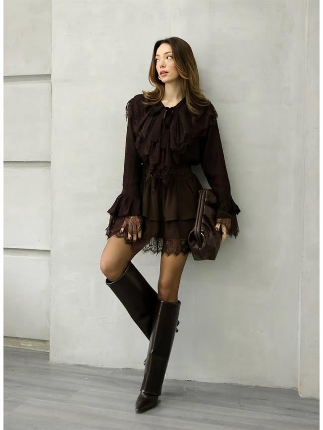 37199 Eteği Dantelli Kemerli Etek Kahve