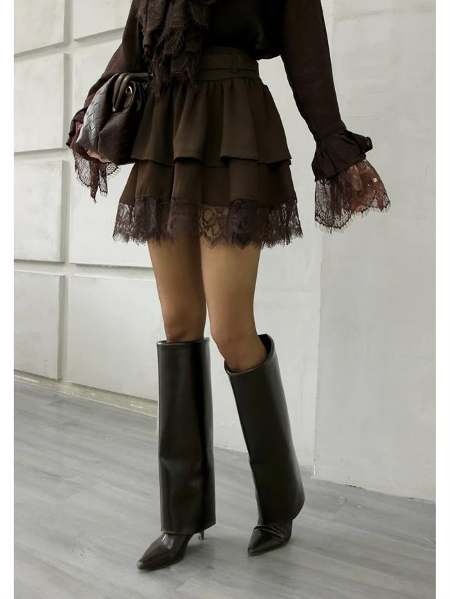 37199 Eteği Dantelli Kemerli Etek Kahve