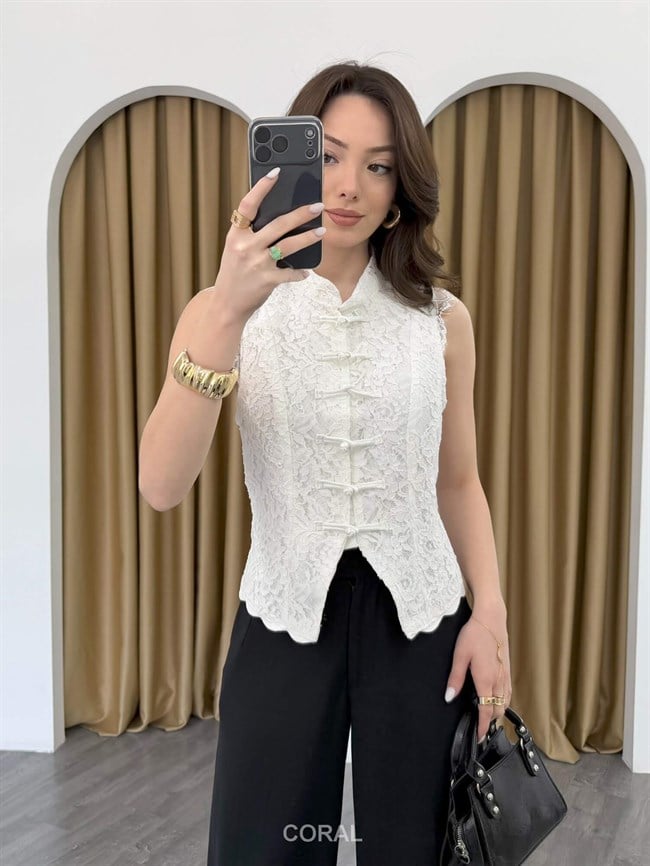 37199 Tül Dantelli Kolsuz Bluz Beyaz