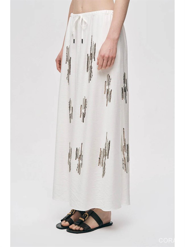 39050 Pul İşlemeli Bağcıklı Etek Ekru