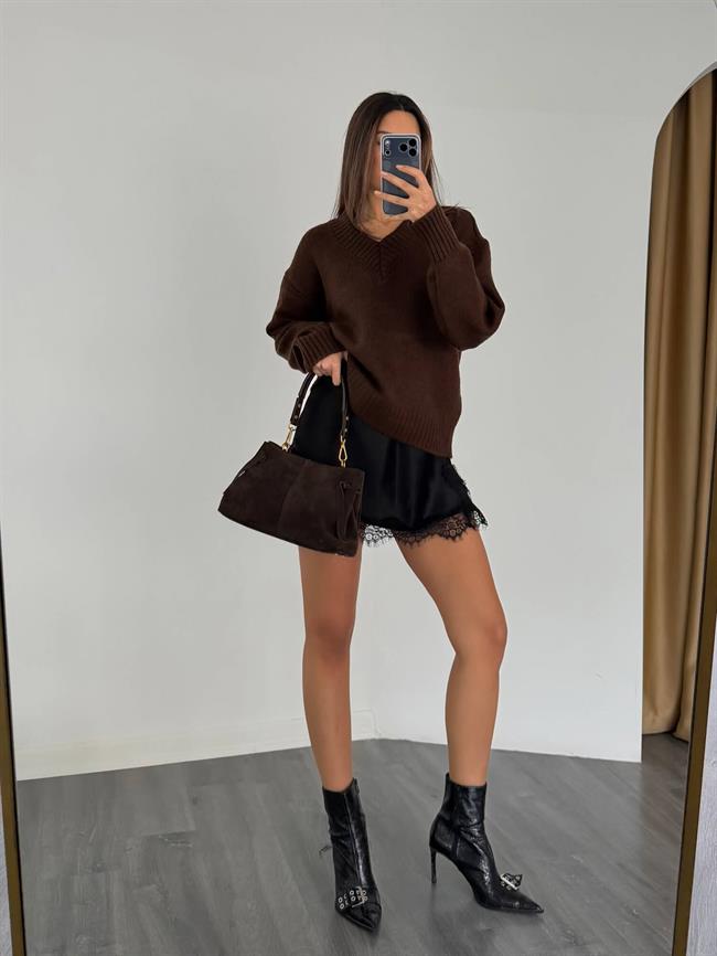 4657 İçi Saten Bluzlu Kazak Kahve