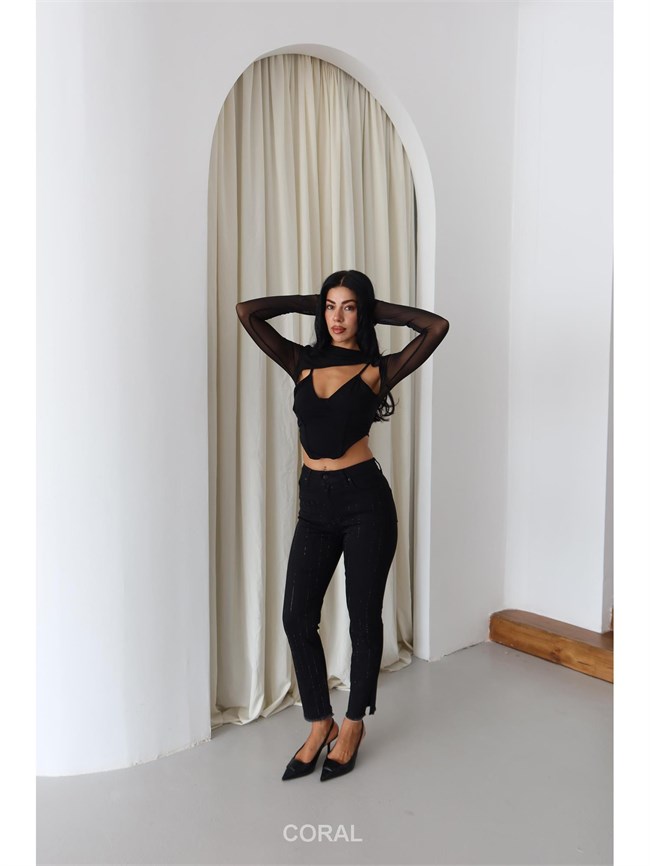 7413 Taş Çizgili Kot Pantolon Siyah