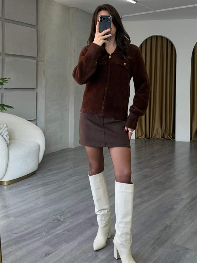7601 Gömlek Yaka Peluş Hırka Kahve