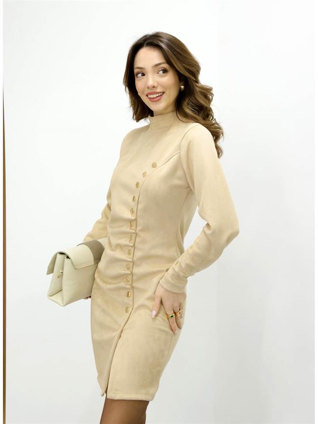 7675 Çıtçıtlı Kadife Elbise Bej