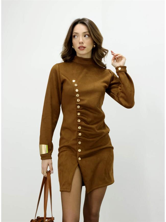 7675 Çıtçıtlı Kadife Elbise Kahve