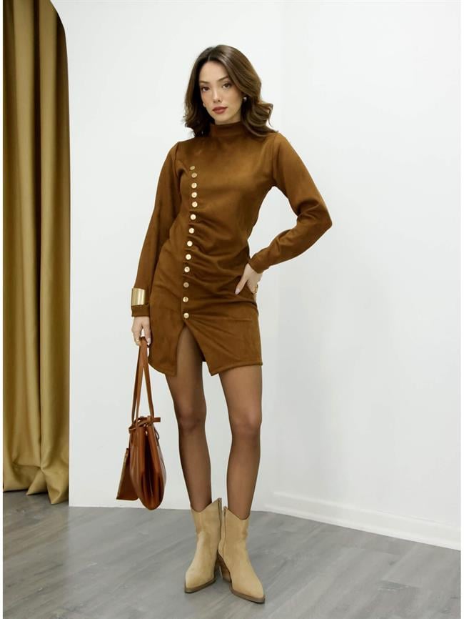 7675 Çıtçıtlı Kadife Elbise Kahve