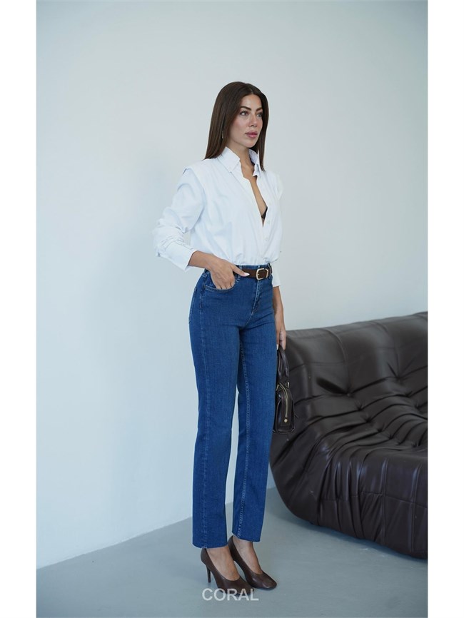 7977 Normal Kesim Kemerli Kot Pantolon Koyu Mavi