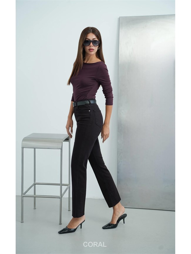 7977 Normal Kesim Kemerli Kot Pantolon Mürdüm