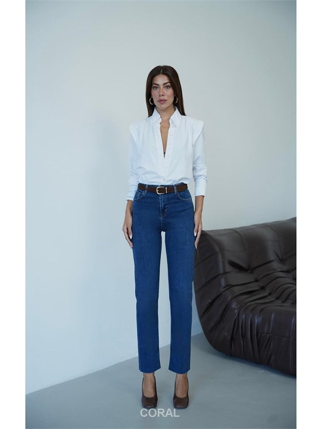7977 Normal Kesim Kemerli Kot Pantolon Koyu Mavi