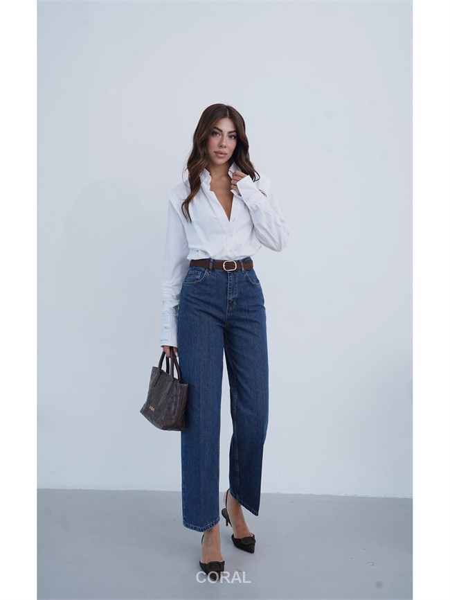 8273 Oval Tokalı Kemerli Kot Pantolon Koyu Mavi