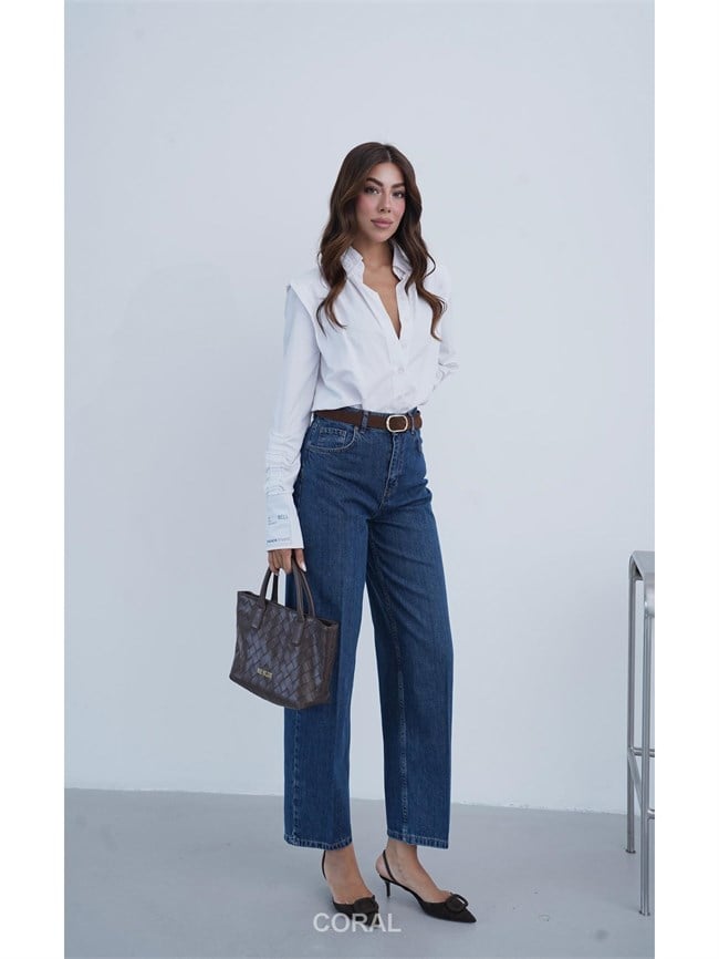 8273 Oval Tokalı Kemerli Kot Pantolon Koyu Mavi