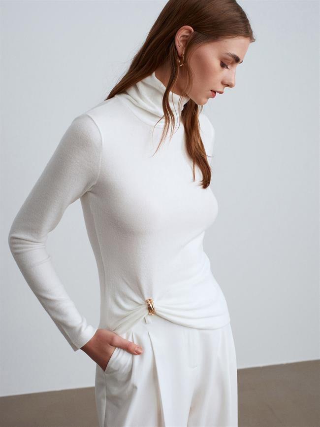 Aksesuar Detaylı Balıkçı Triko 32202 Ekru