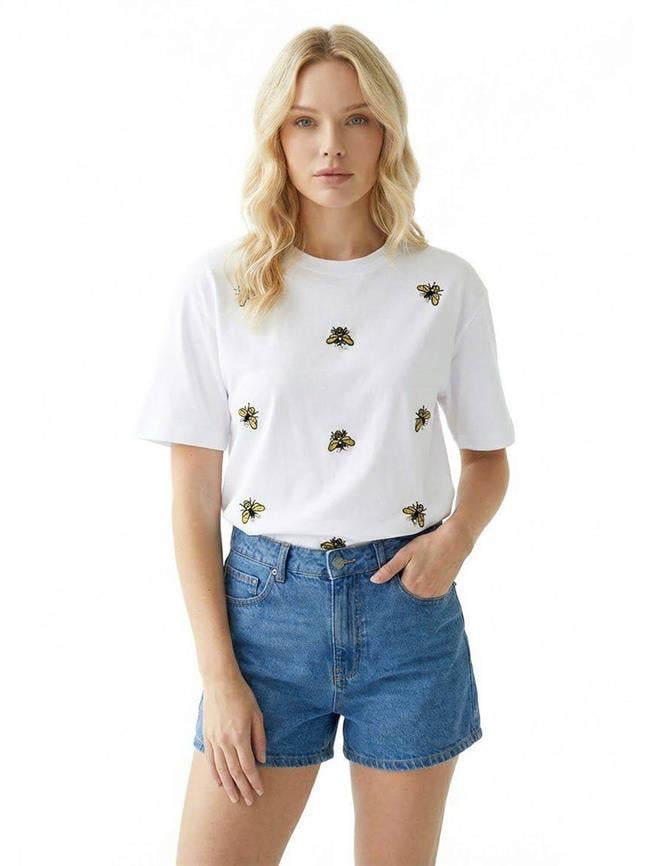 Arı Nakışlı Tişört 7431 Beyaz