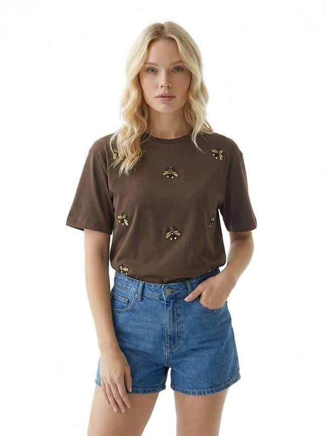 Arı Nakışlı Tişört 7431 Kahve