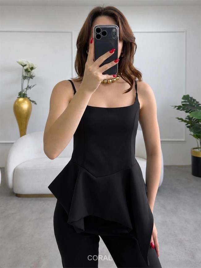 Asimetrik Volanlı Askılı Bluz 3293 Siyah