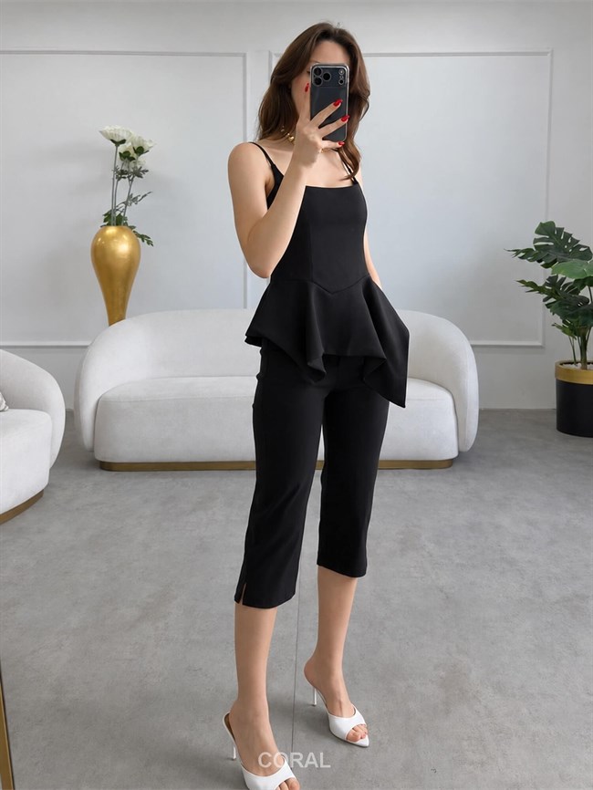 Asimetrik Volanlı Askılı Bluz 3293 Siyah