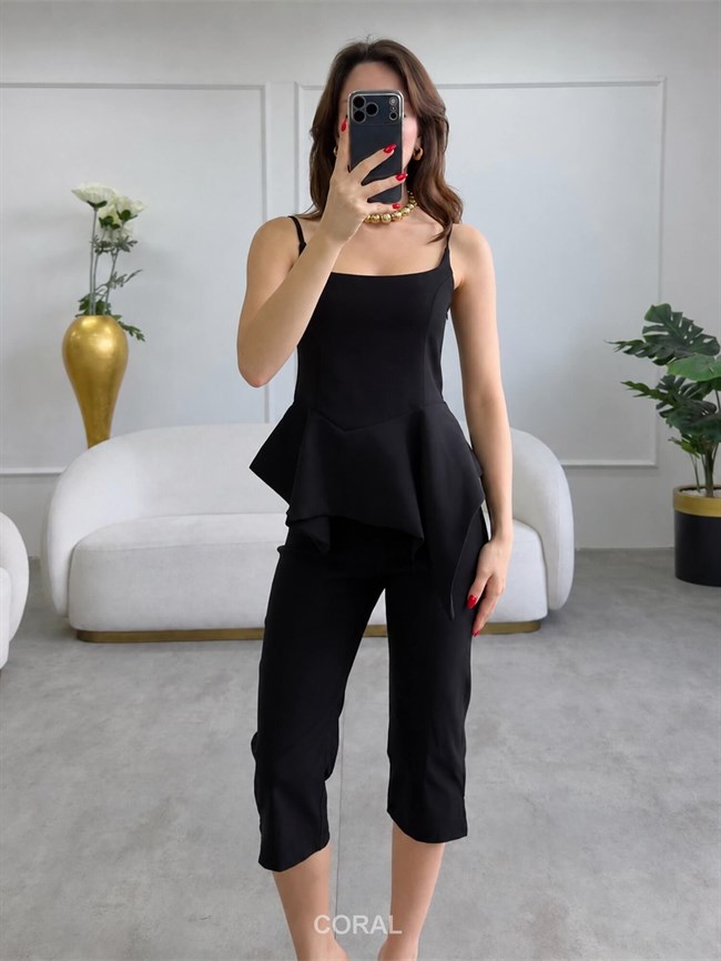 Asimetrik Volanlı Askılı Bluz 3293 Siyah