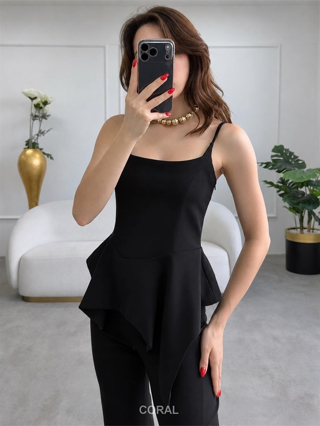 Asimetrik Volanlı Askılı Bluz 3293 Siyah