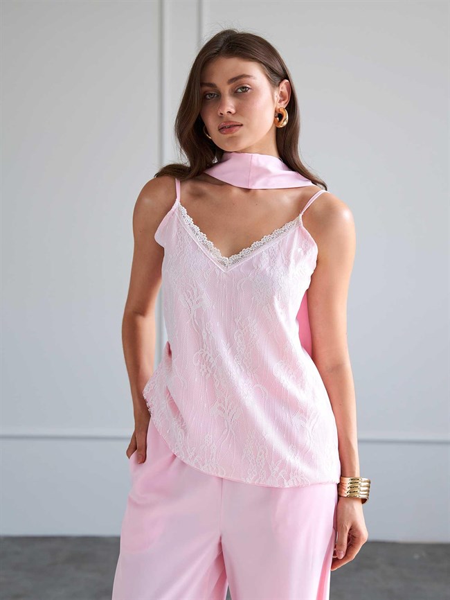 Askılı Dantel Garnili Bluz 071931 Pembe
