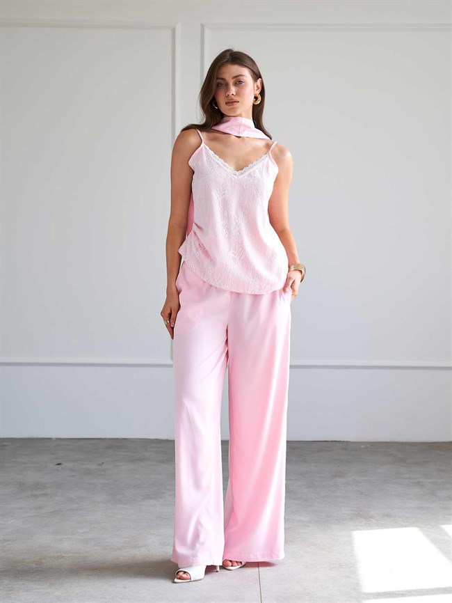 Askılı Dantel Garnili Bluz 071931 Pembe