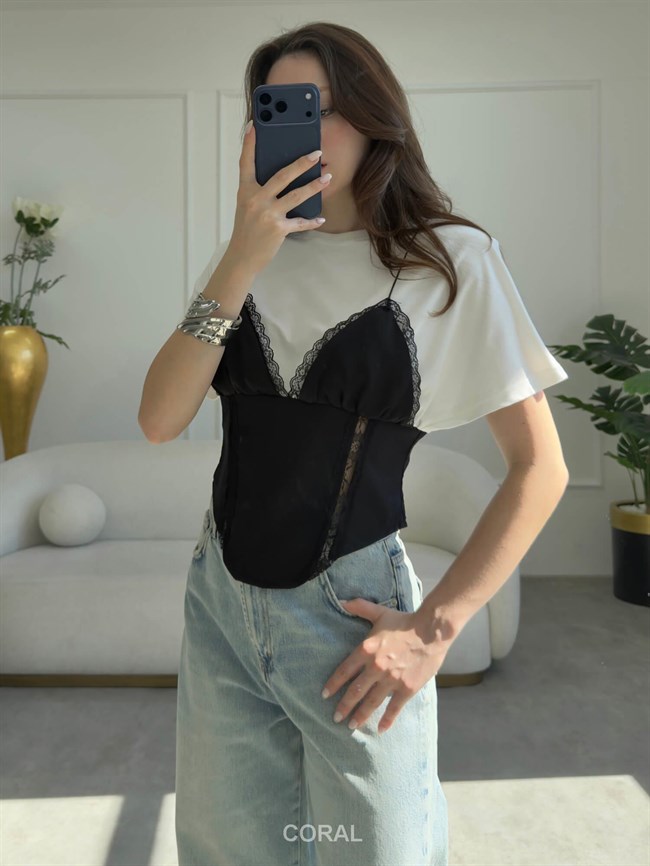 Askılı Detaylı Vatkalı Tişört 37568 Siyah / Beyaz