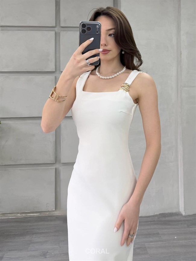 Askısı Aksesuarlı Elbise 18276 Beyaz