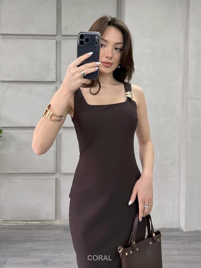 Askısı Aksesuarlı Elbise 18276 Kahve