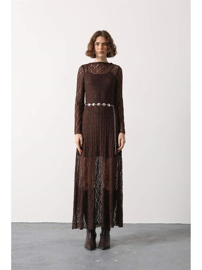 Astarlı Aksesuarlı Uzun Tül Elbise 35536 Kahve