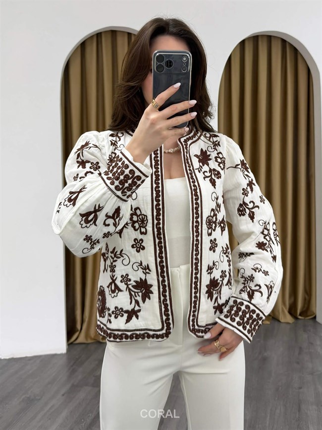 Astarlı Nakışlı Düğmesiz Ceket 6266 Beyaz Kahve