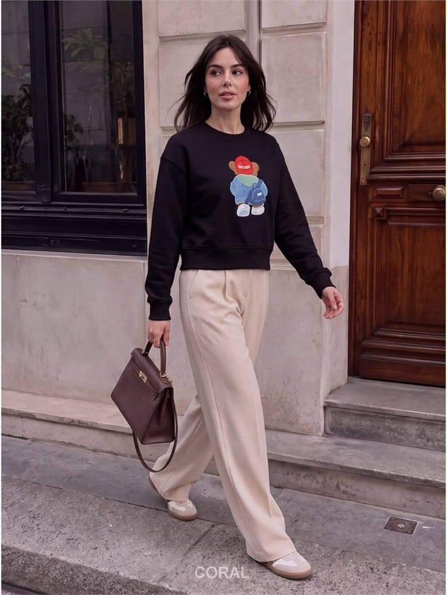 Ayıcık Nakışlı Sweatshirt 5955 Şapkalı Siyah