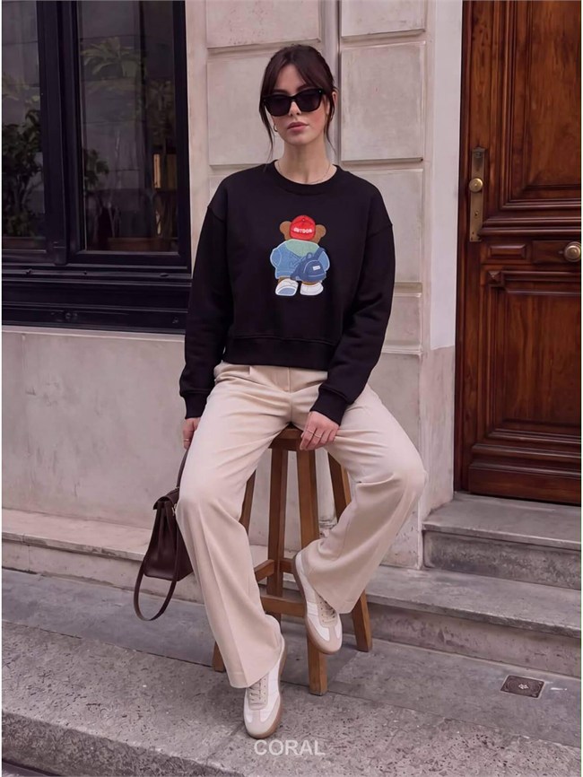 Ayıcık Nakışlı Sweatshirt 5955 Şapkalı Siyah