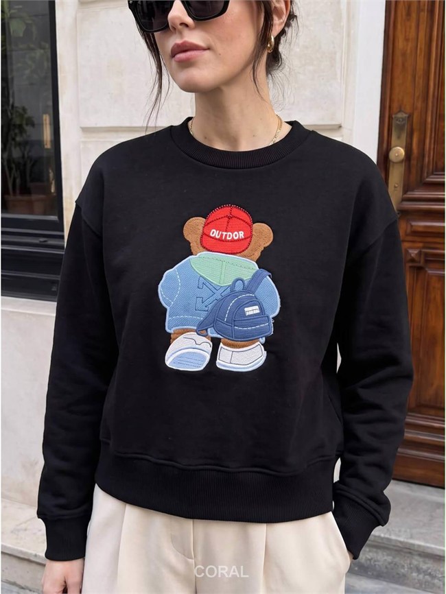 Ayıcık Nakışlı Sweatshirt 5955 Şapkalı Siyah