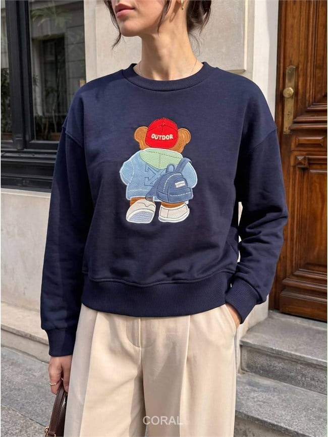 Ayıcık Nakışlı Sweatshirt 5955 Şapkalı Lacivert