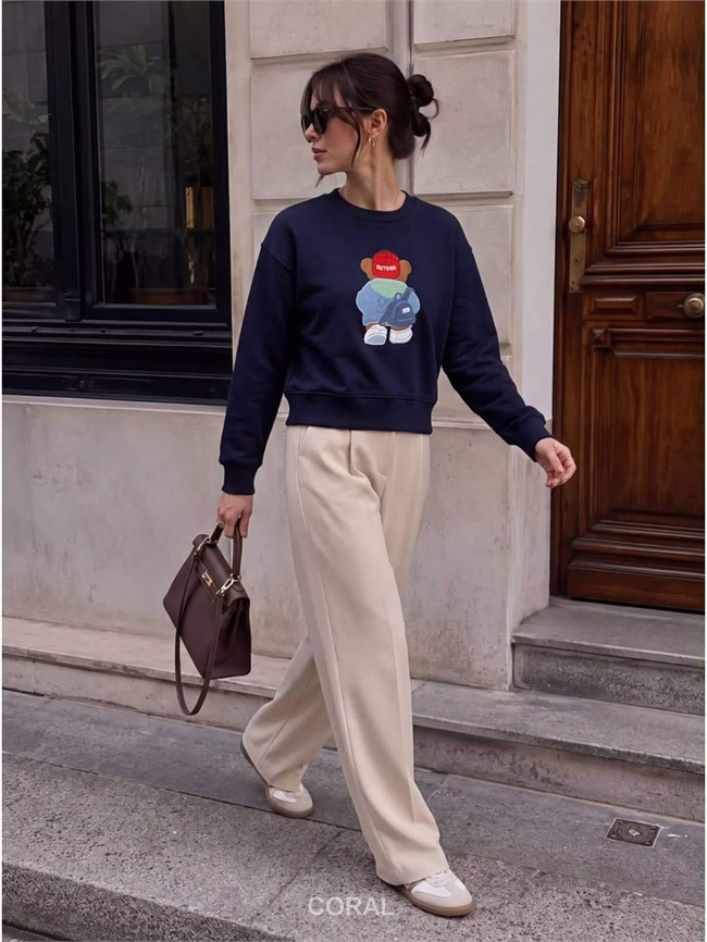 Ayıcık Nakışlı Sweatshirt 5955 Şapkalı Lacivert