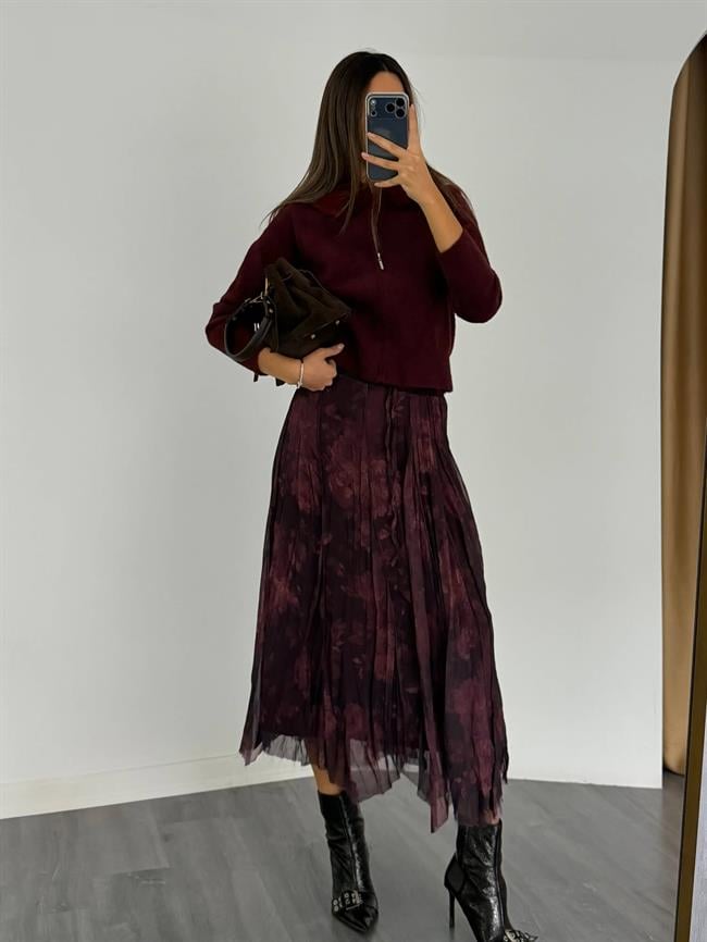 Bağcıklı Desenli Kraslı Etek De251115 Mürdüm