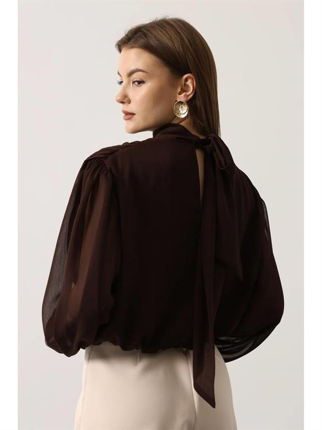 Bağlamalı Balon Kol Bluz 31348 Kahve
