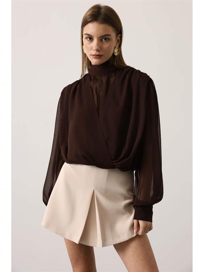 Bağlamalı Balon Kol Bluz 31348 Kahve
